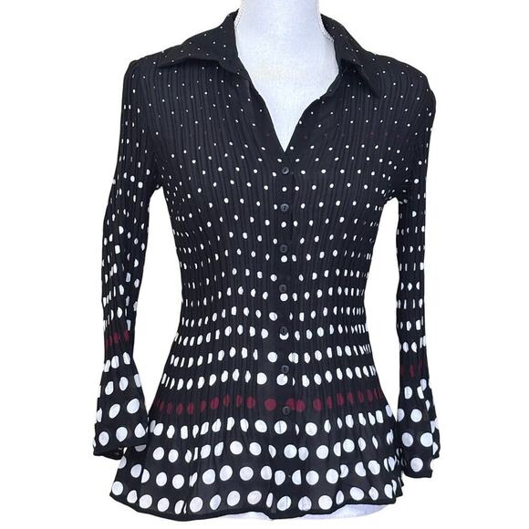 Tailor B. Moss crinkle pleated button front top, black/white dot, Y2K, statement - Picture 1 of 5